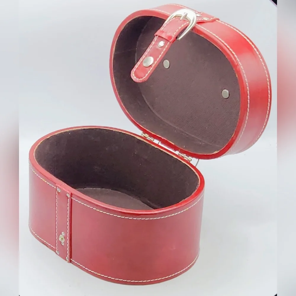 Vintage Style Faux Leather Burgundy Oval Storage Case Contrast White Stitching
